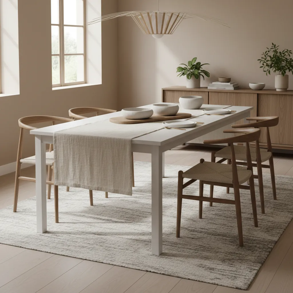 White dining table styled with layered textures including linen runner and wood tray