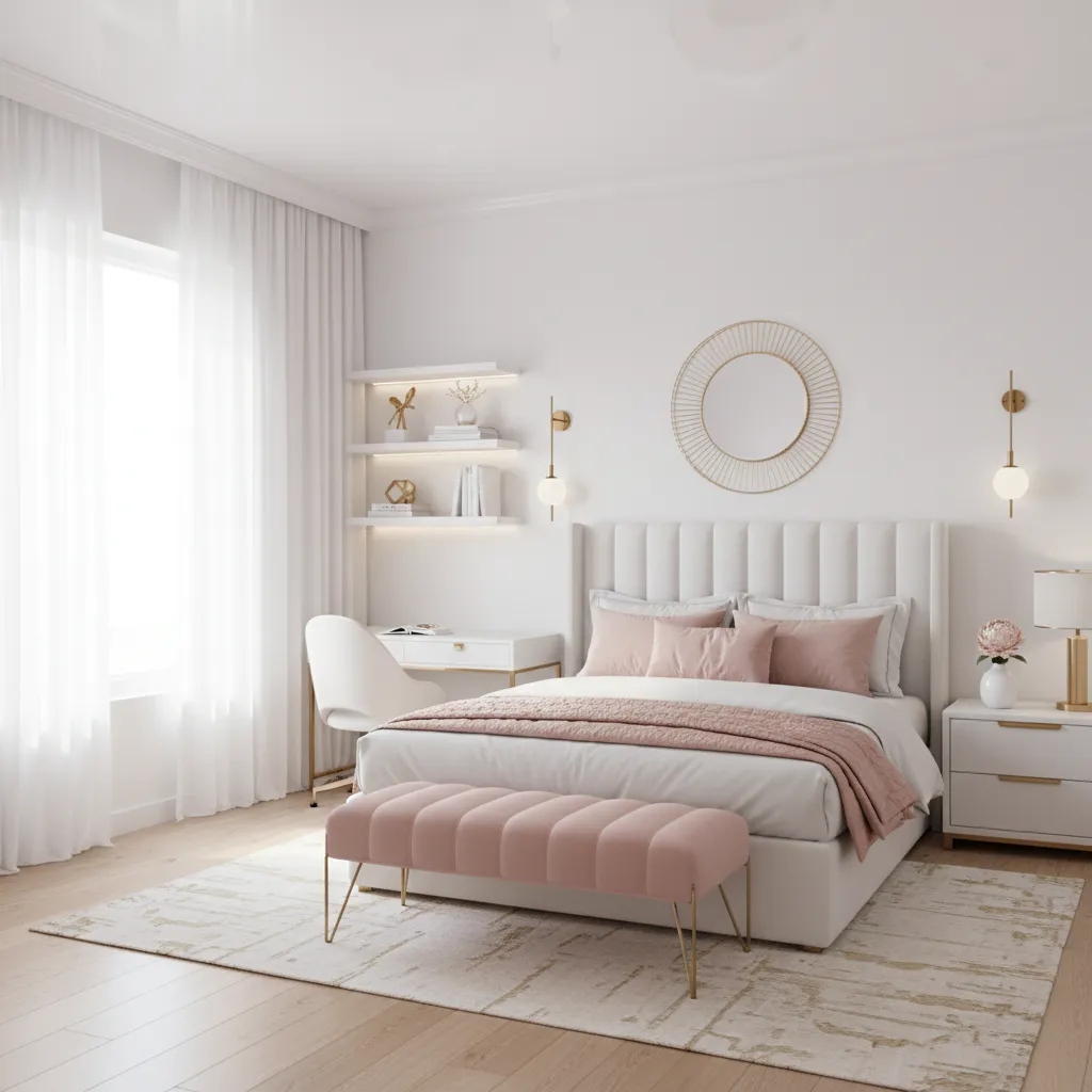 Small bedroom using white walls and pink accents to expand space
