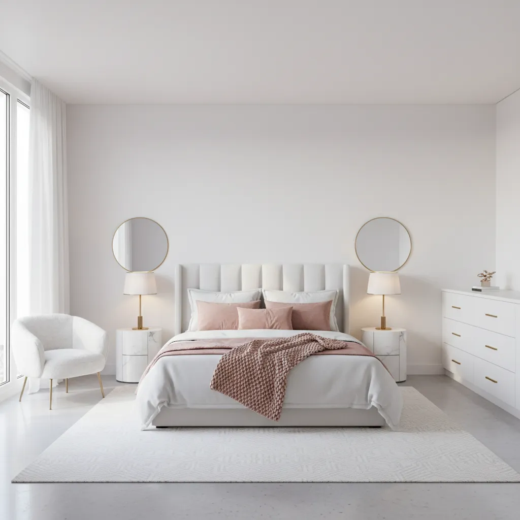 White dominant bedroom with blush accents and gold lighting