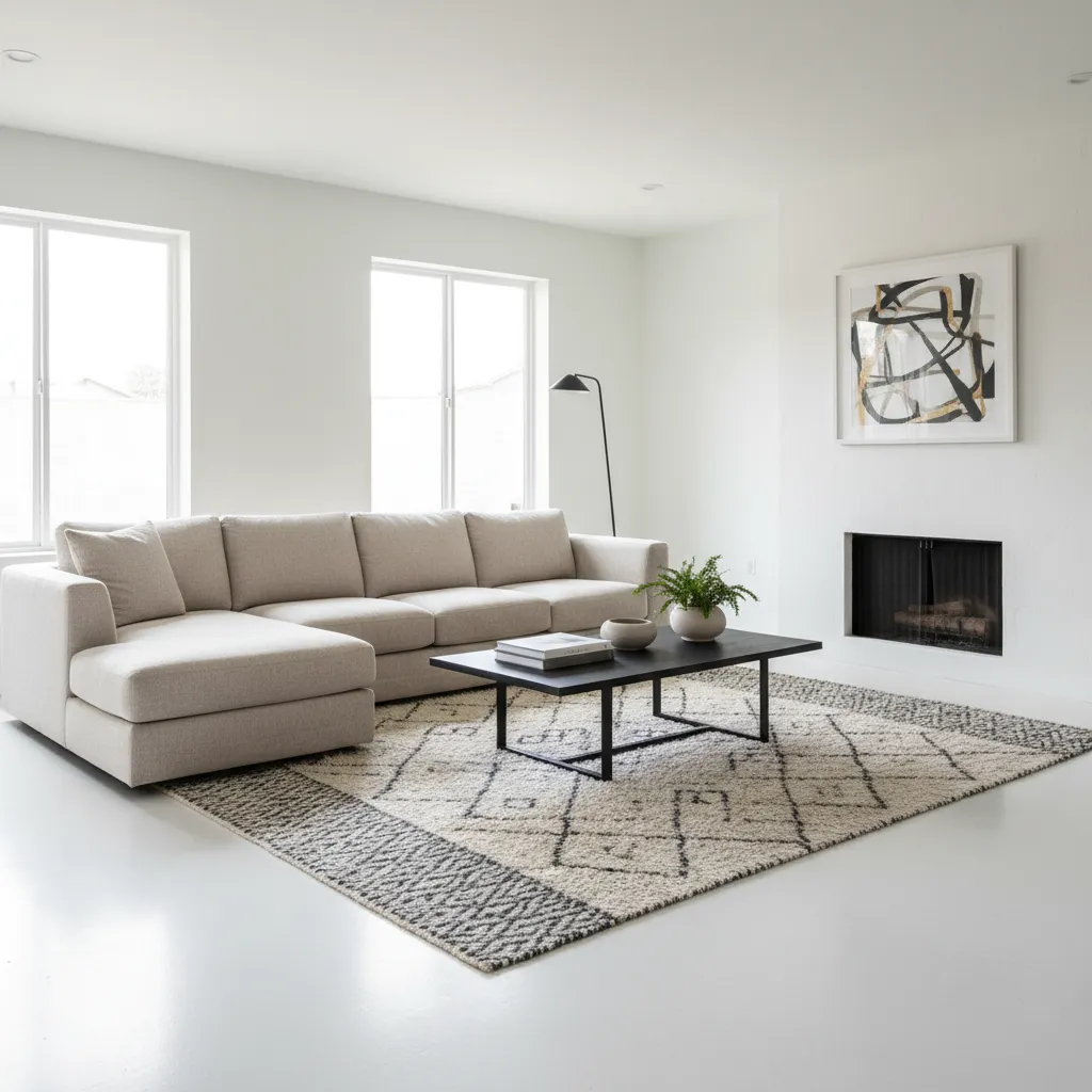 Minimalist living room with large grey sofa black coffee table patterned rug fireplace and walls