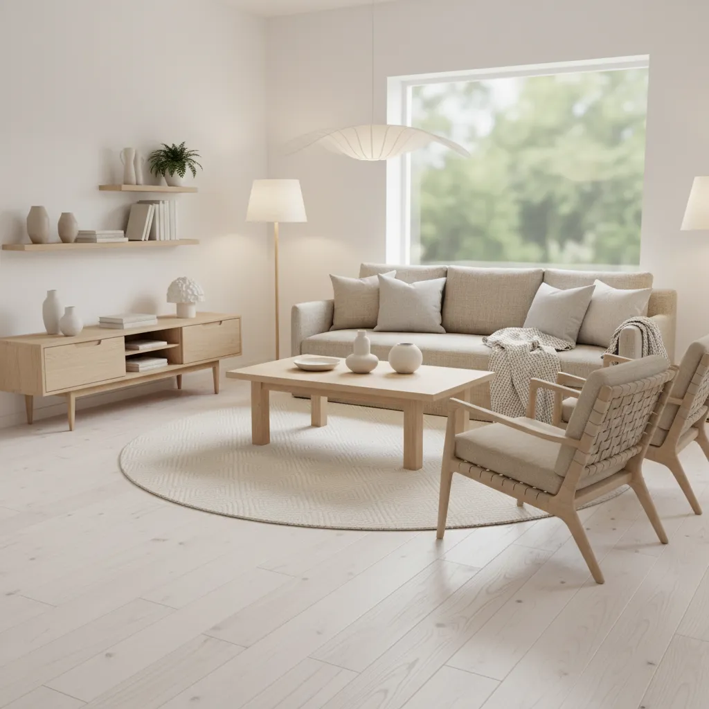 Minimalist beige living room with sofa wood coffee table round rug and light wood floor