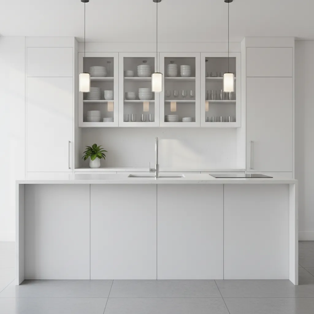Modern kitchen with white glass-front wall cabinets displaying plates and glasses