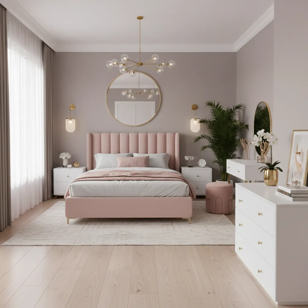 White gold and pink glam bedroom with blush bed and gold decor accents