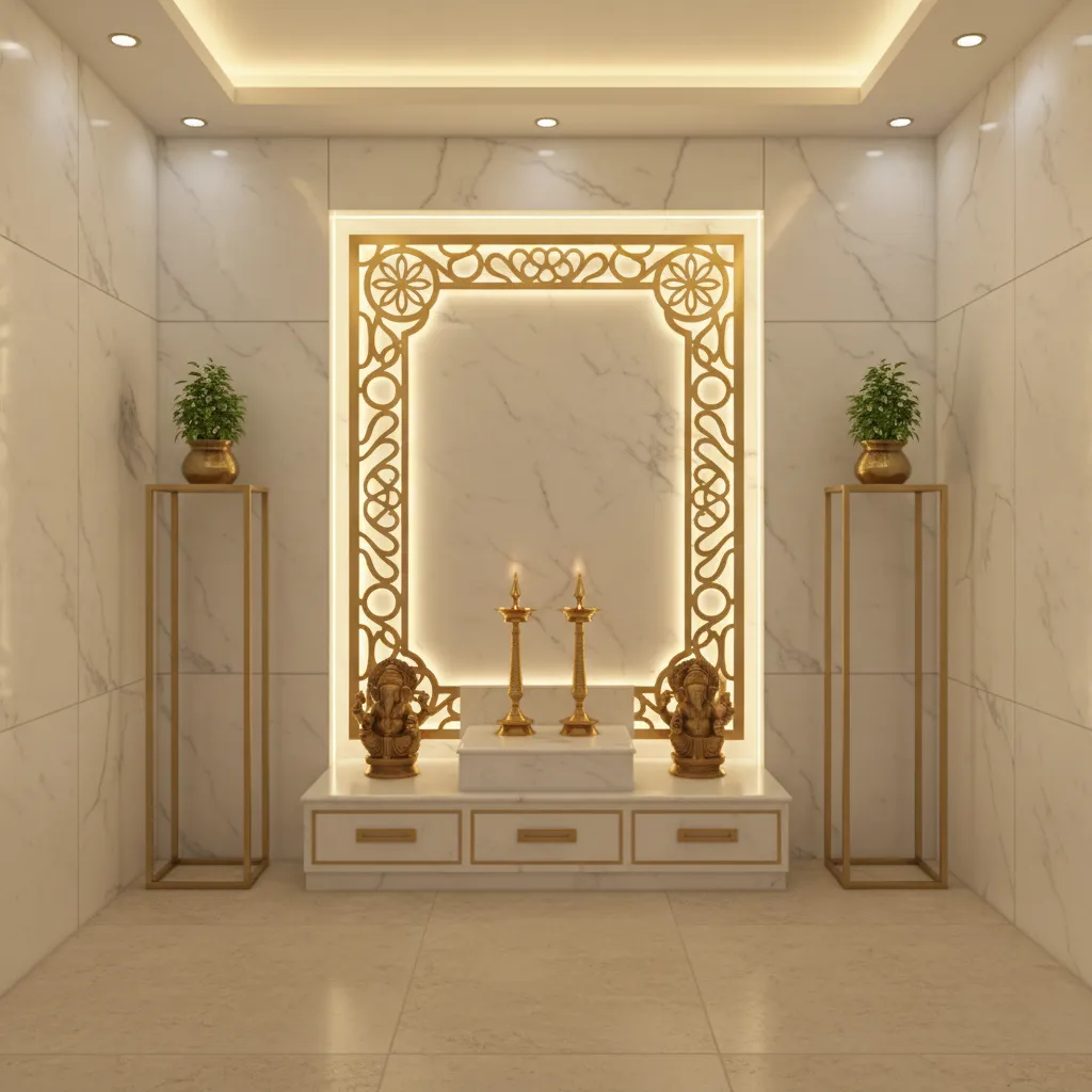 White and gold pooja room design with marble mandir and brass lamps