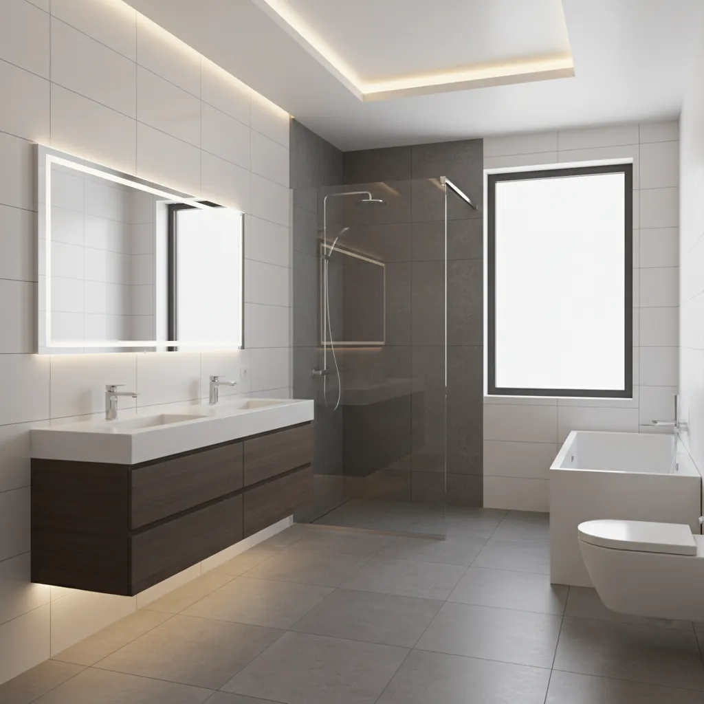 balanced bathroom layout showing white wall tiles and gray accent shower wall