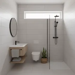 Bright bathroom with light wood cabinet round mirror black shower fixtures plant and high window