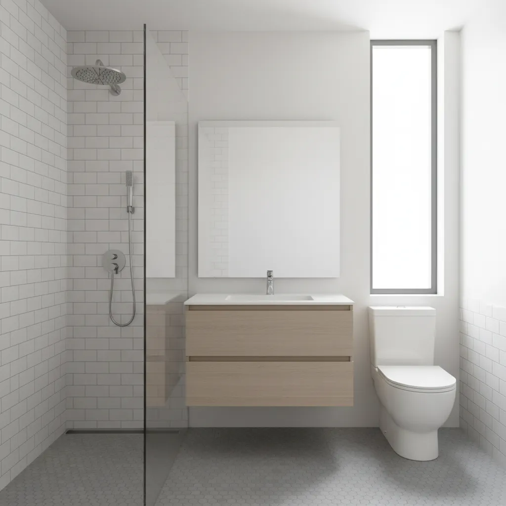 bathroom with white subway wall tiles and gray tile flooring combination