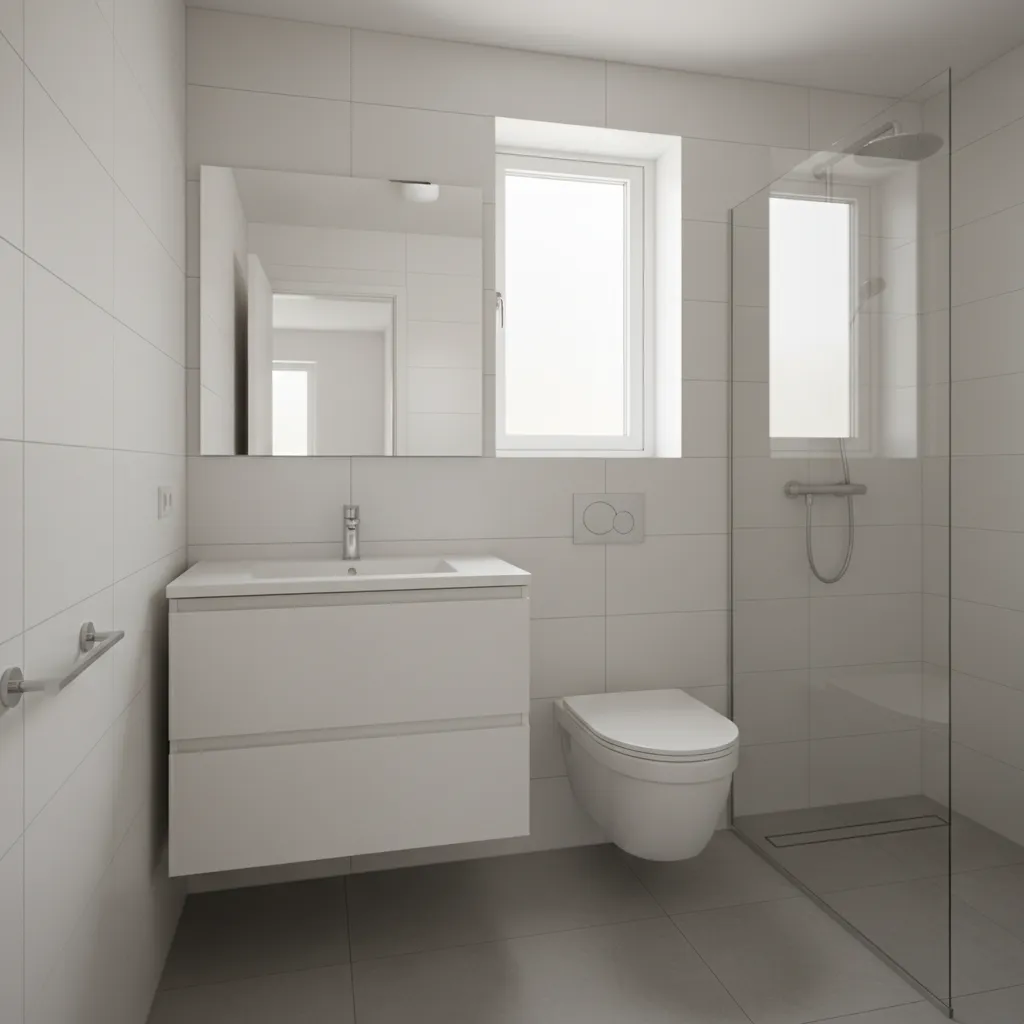 Small white and gray tile bathroom with clean modern layout