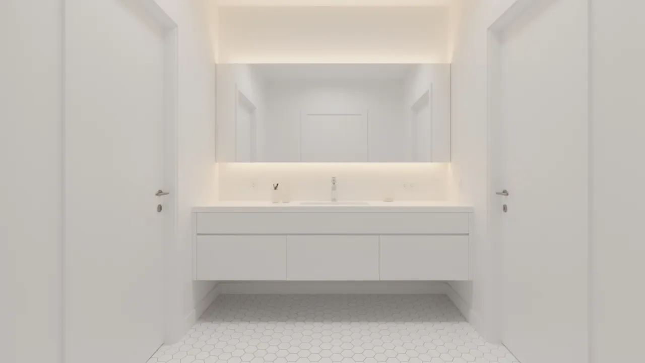 bathroom floor with small white hexagon mosaic tiles and modern vanity