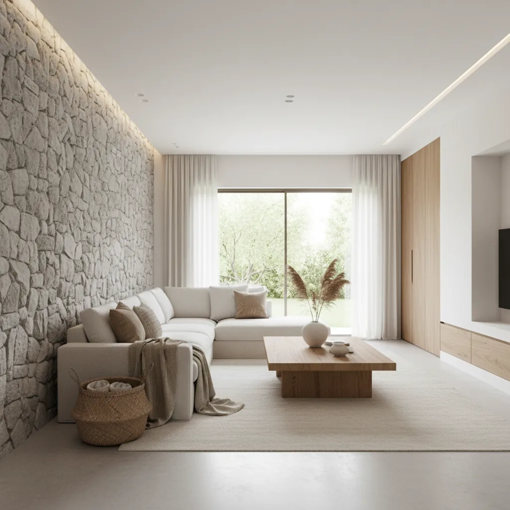 Living room featuring stone wall, white sofa, wooden coffee table, rug, curtains, and large windows