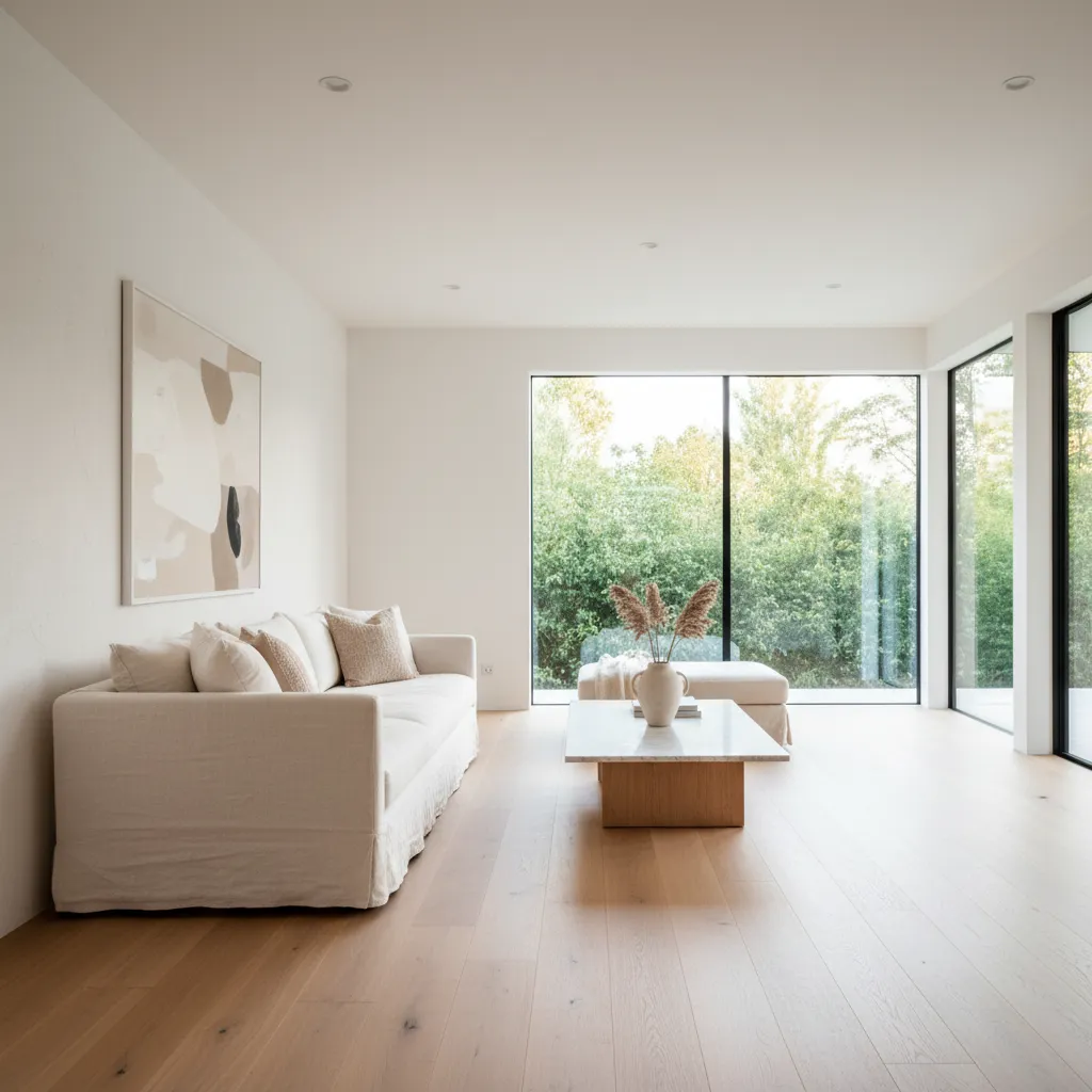 Bright living room with white sofa, wooden floor, marble coffee table, wall painting, and windows