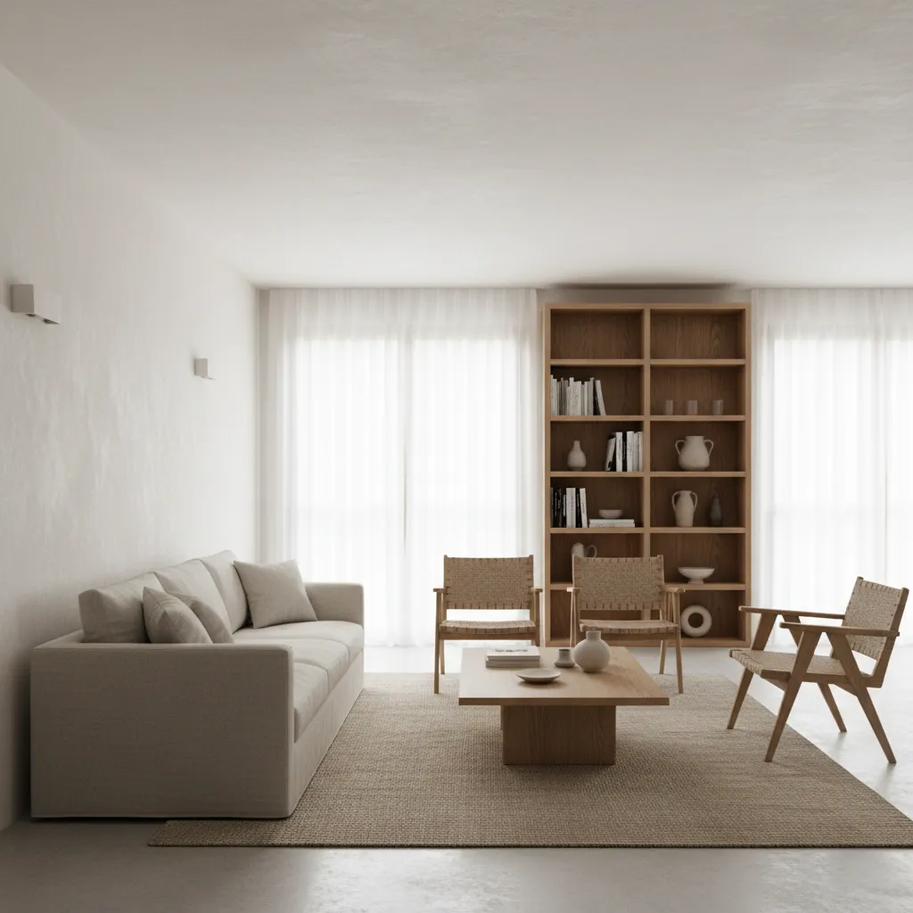 Minimalist living room with beige sofa, wooden coffee table, three chairs, and a large wooden bookshelf