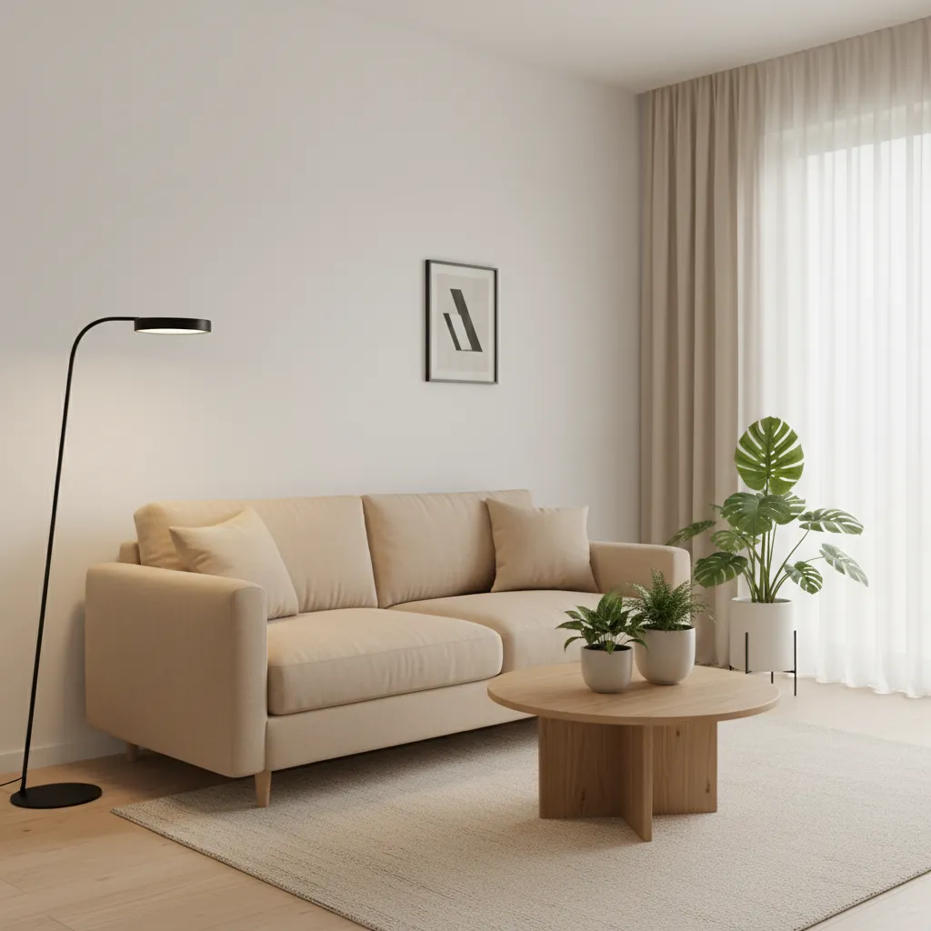 Beige sofa with round wooden coffee table black floor lamp indoor plants and white curtains