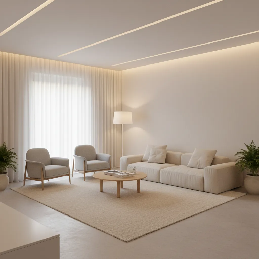 Minimalist living room with beige sofa two chairs round coffee table rug and ceiling lights