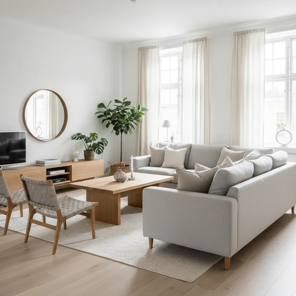 Bright living room with grey sofa, wooden coffee table, round mirror, indoor plants, and white curtains