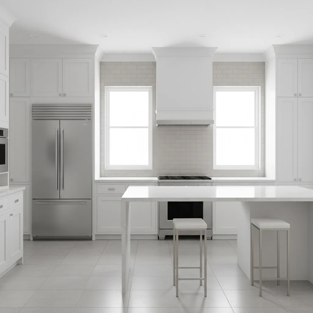 modern white kitchen with subway tile backsplash behind stove and countertop
