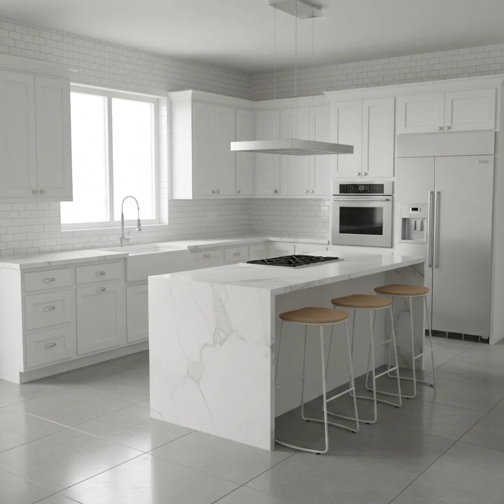 white kitchen with subway tile backsplash and natural lighting