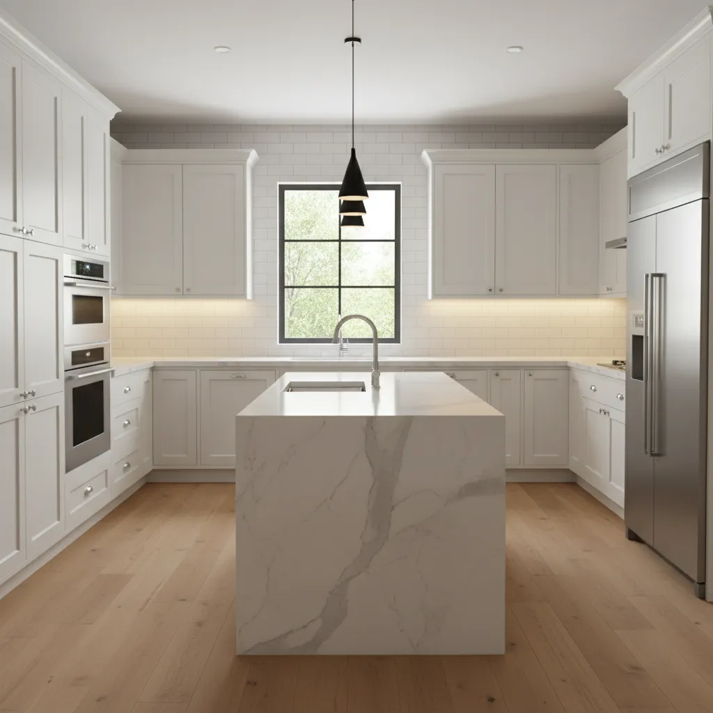 White kitchen cabinets under warm lighting showing yellow tint