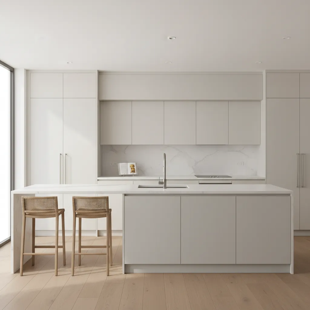 kitchen interior showing warm white versus cool white cabinet comparison