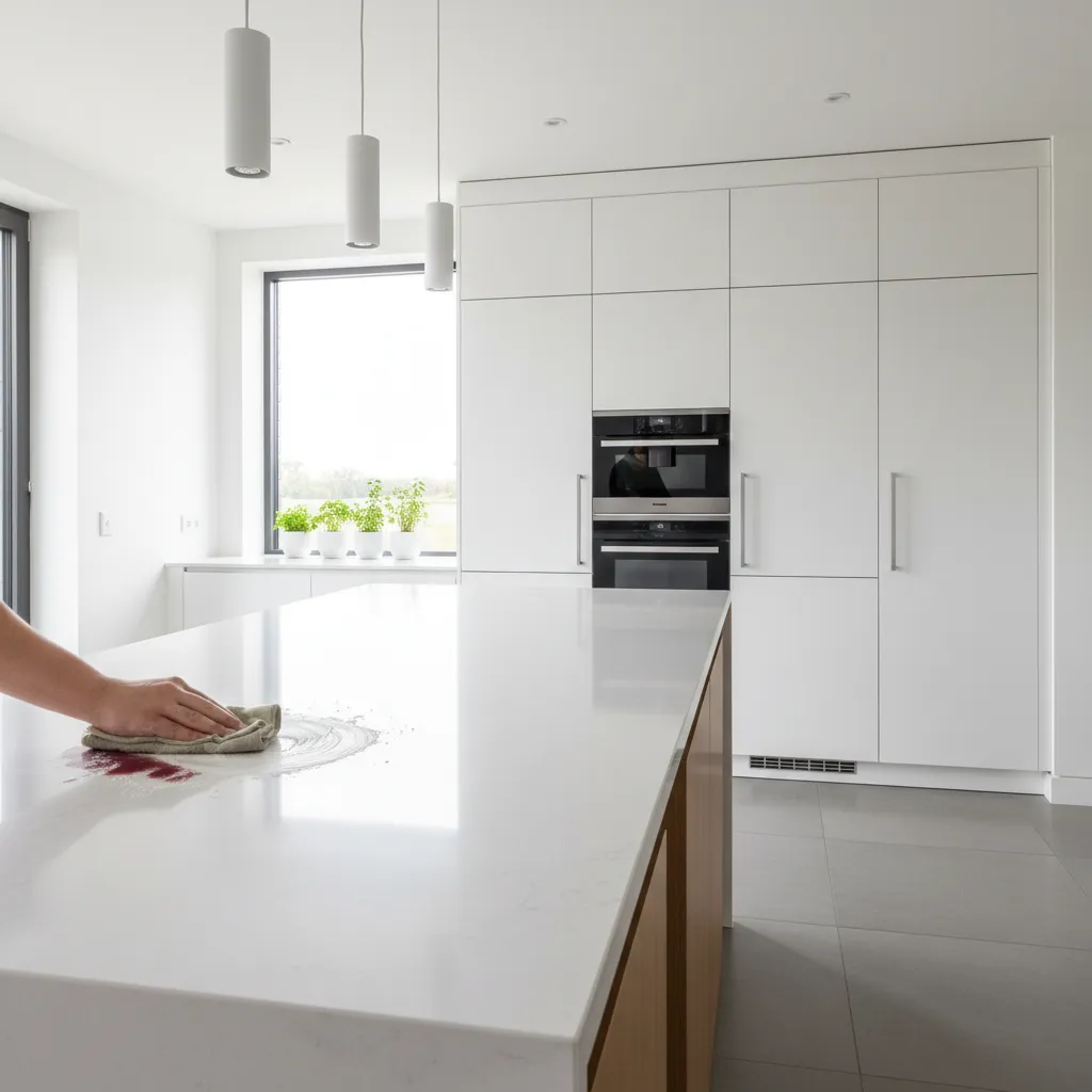 Person wiping a red wine stain off white kitchen island in a modern bright kitchen