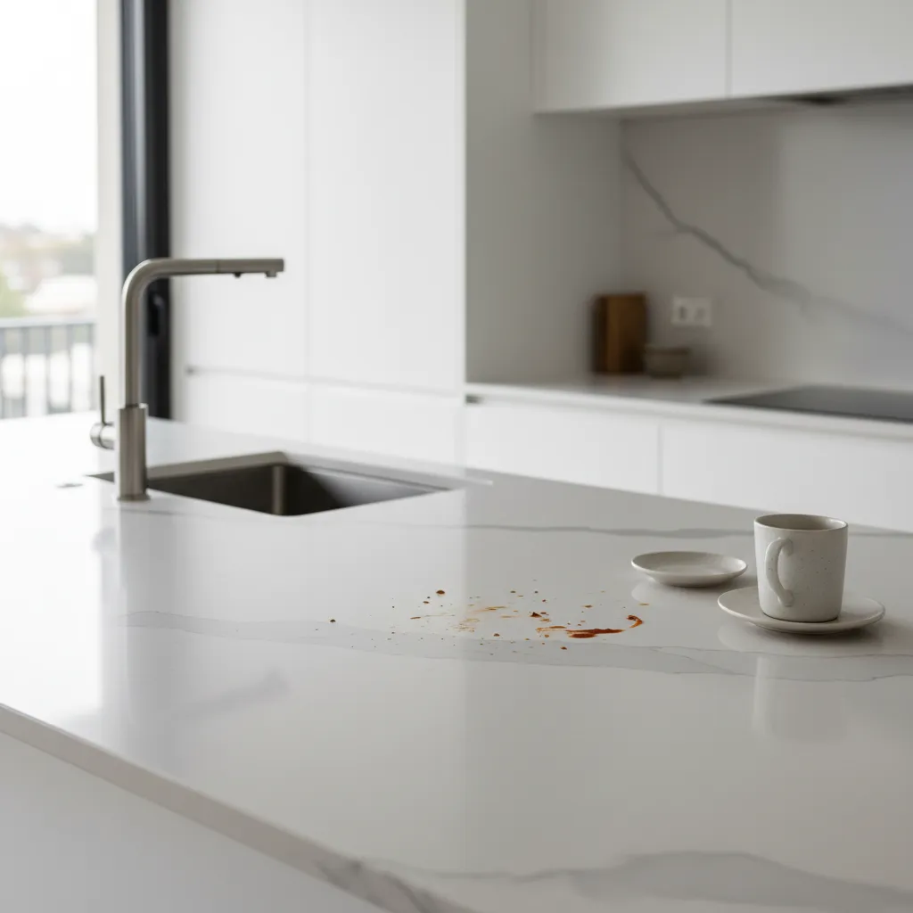 Common food stains on a white kitchen countertop surface