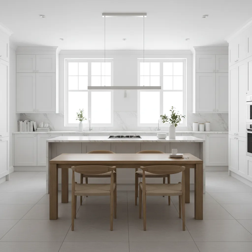 white cabinet kitchen with central dining table and natural lighting