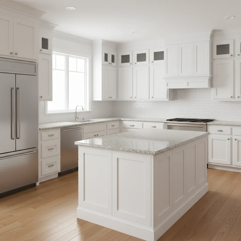 classic kitchen with white cabinets and granite countertops