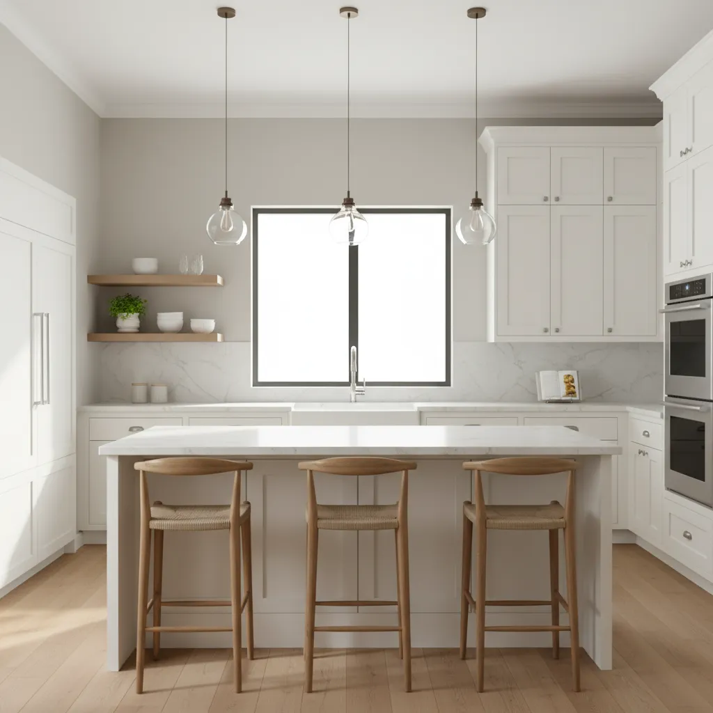 white kitchen cabinets with soft greige wall color