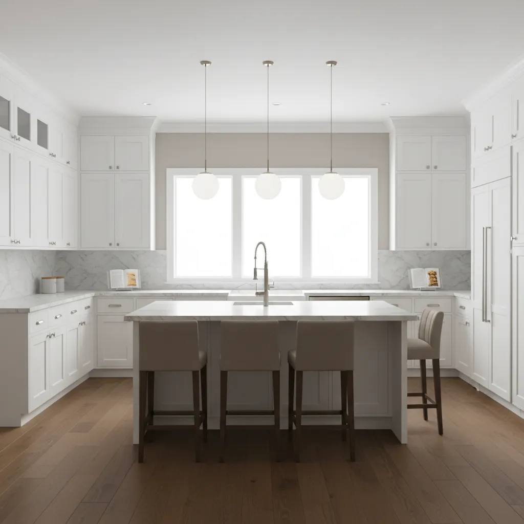 White kitchen cabinets paired with medium oak flooring