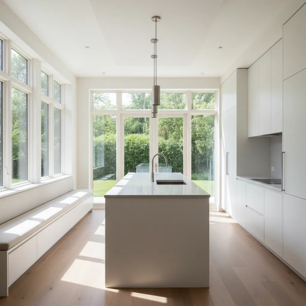 Bright kitchen interior with white cabinets and strong natural daylight from large windows