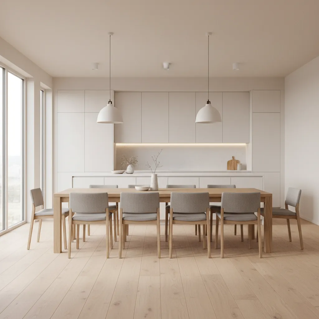 White kitchen cabinets paired with a natural wood dining table