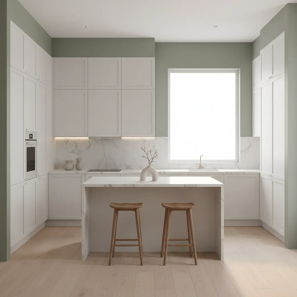 White kitchen cabinets paired with muted sage green walls