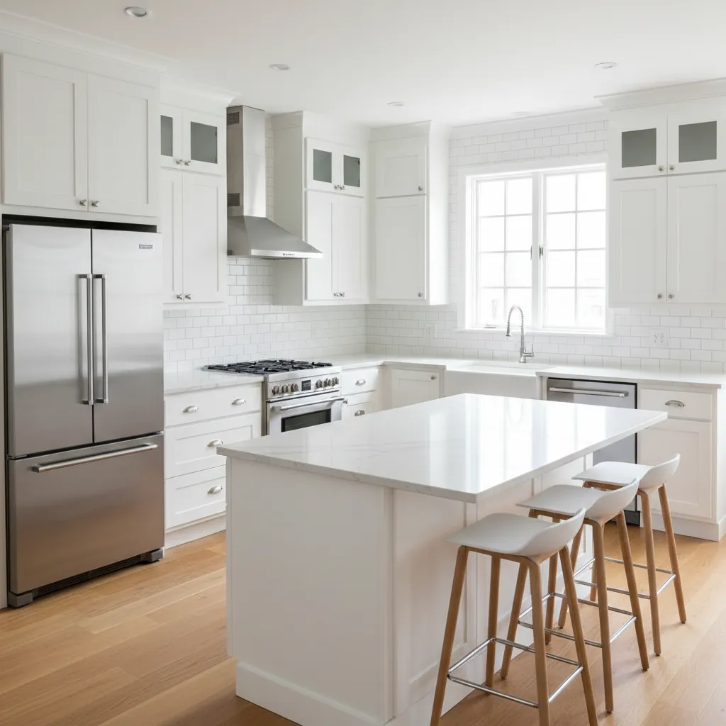 Bright white kitchen with classic subway tile backsplash
