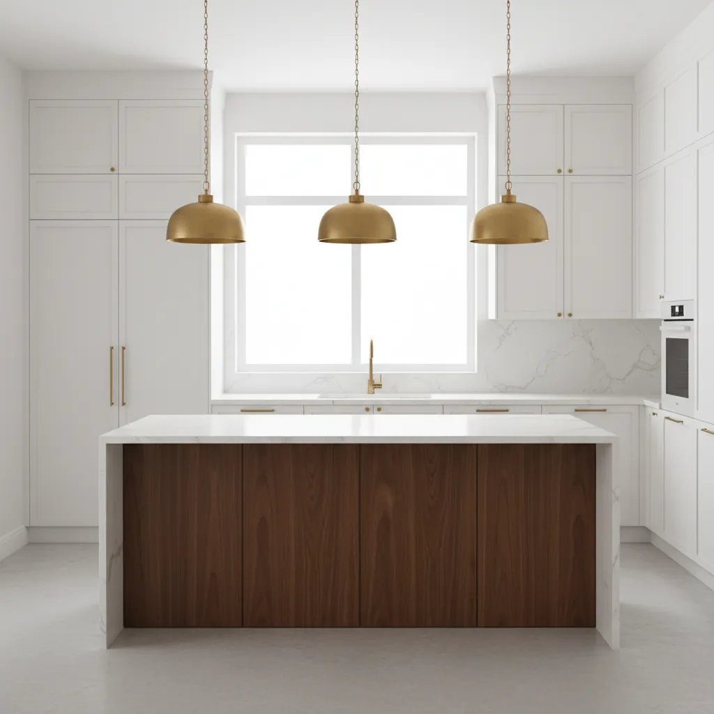 White kitchen with walnut island centerpiece