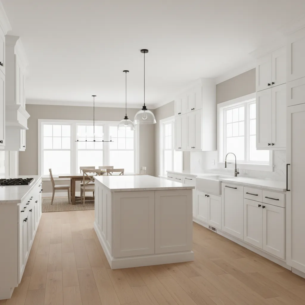 white kitchen cabinets with soft greige wall color