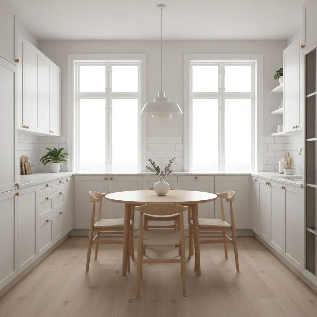 Small white cabinet kitchen with compact round dining table