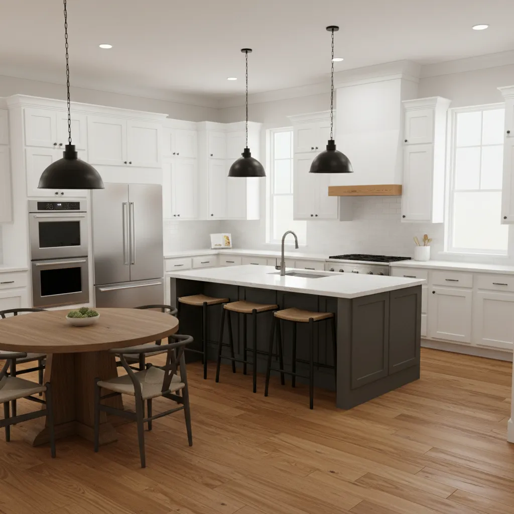 white kitchen cabinets with natural oak hardwood flooring