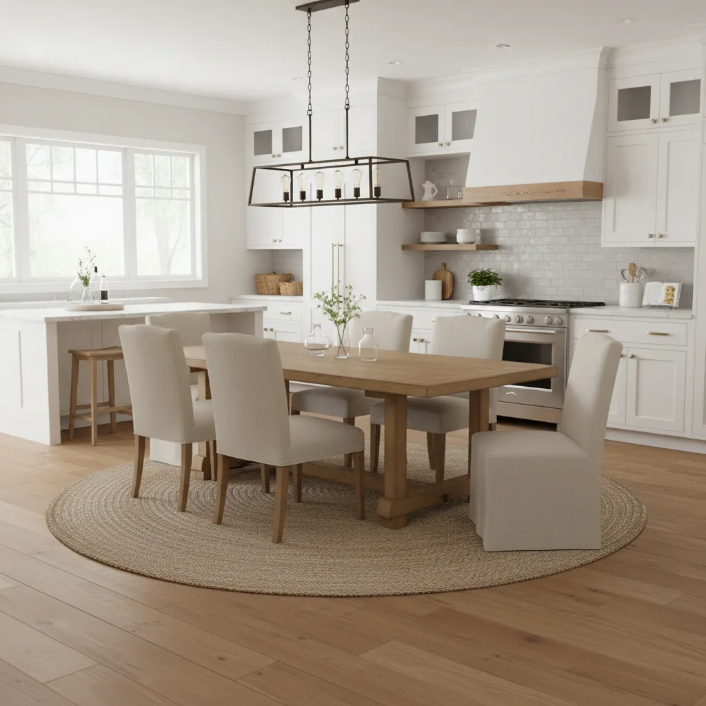 Warm wood dining table placed in a bright kitchen with white cabinets