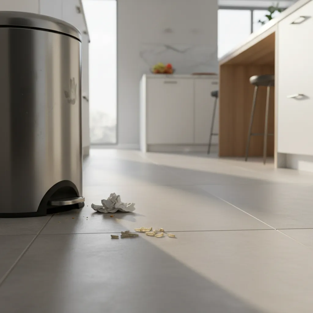 Small white larvae on a kitchen floor near trash bin