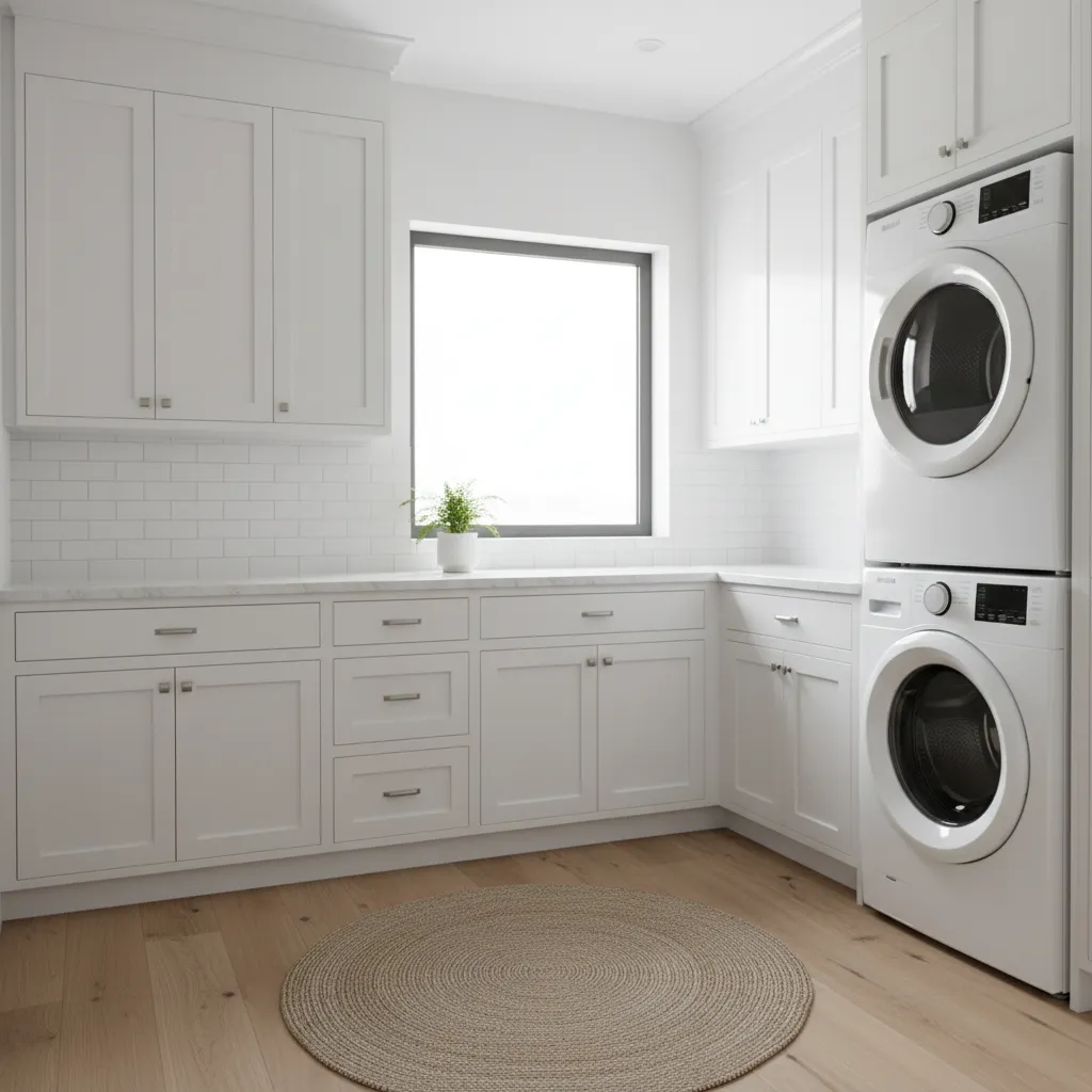 Bright laundry room with white cabinets reflecting natural light