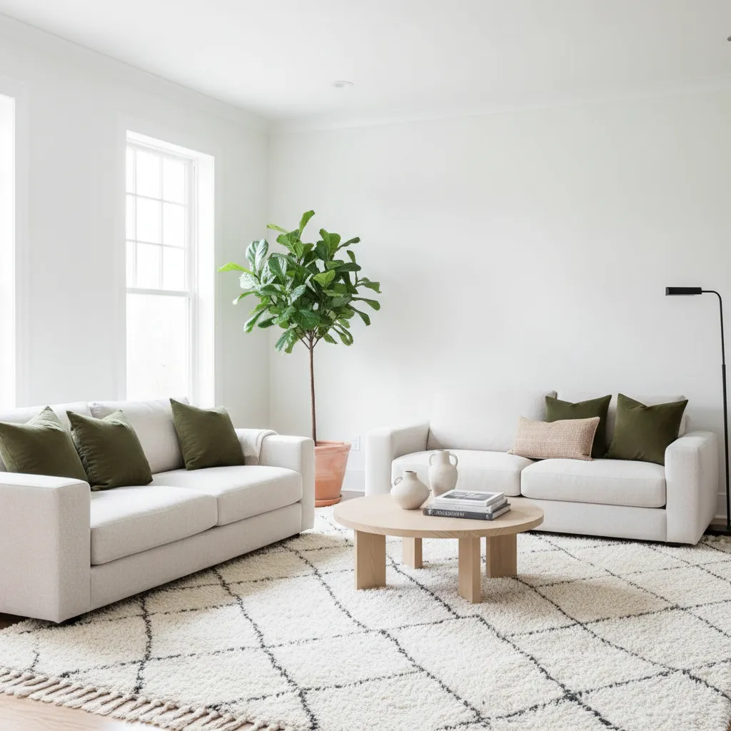 Bright living room with two white sofas green pillows wooden coffee table and large plant
