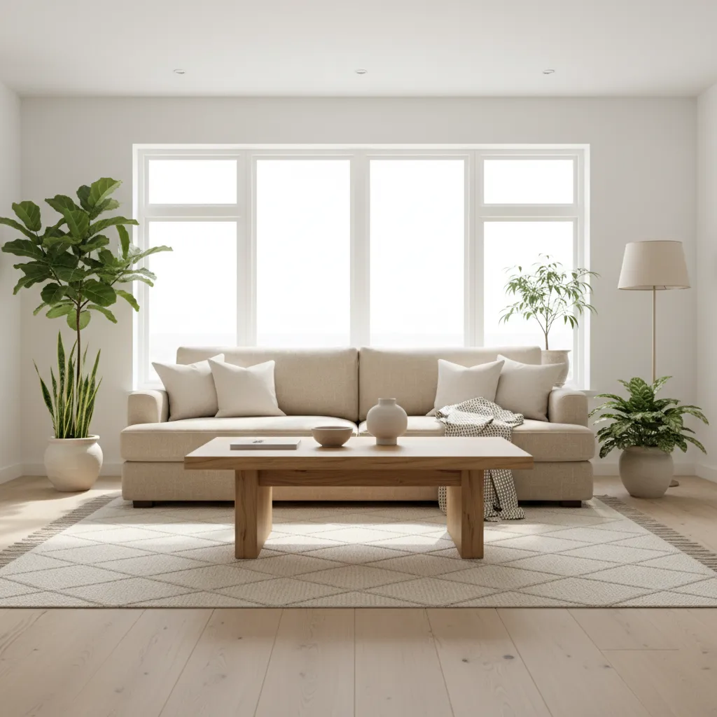 Minimalist living room with beige sofa wooden coffee table white rug floor lamp and plants