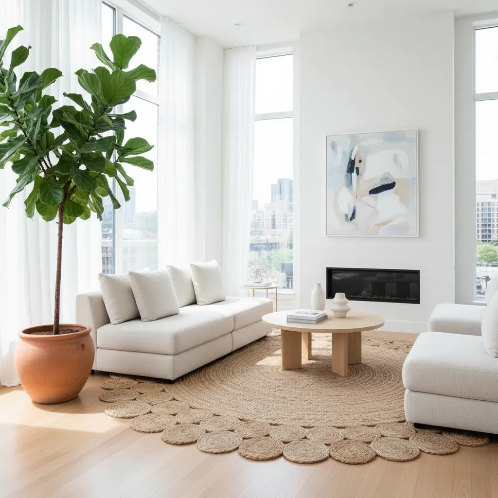 Bright living room with large plant white sofas round wooden coffee table and round rug