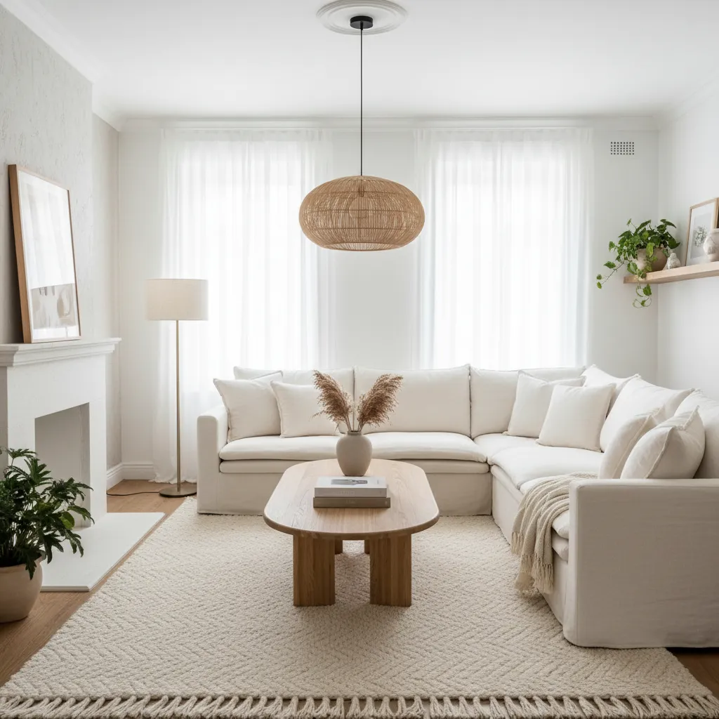 Bright living room with white sofa wooden coffee table woven ceiling light fireplace and curtains