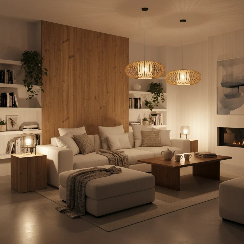 Warm living room with white sofa wooden wall panel two ceiling lights footrest and fireplace