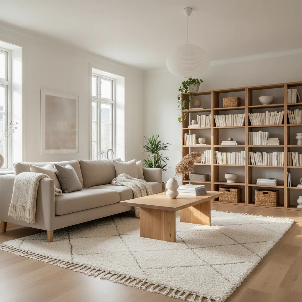 Bright living room featuring beige sofa wooden coffee table large bookshelf white rug and plants