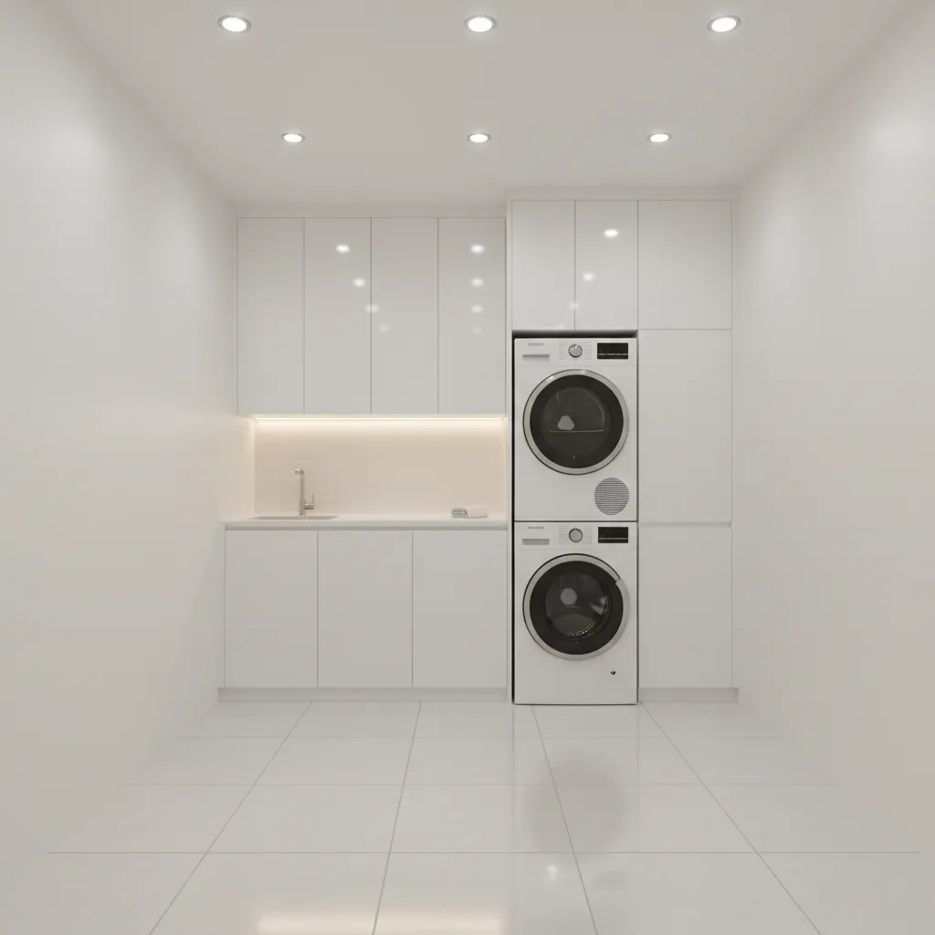 minimal white laundry room with cabinets and bright overhead lighting