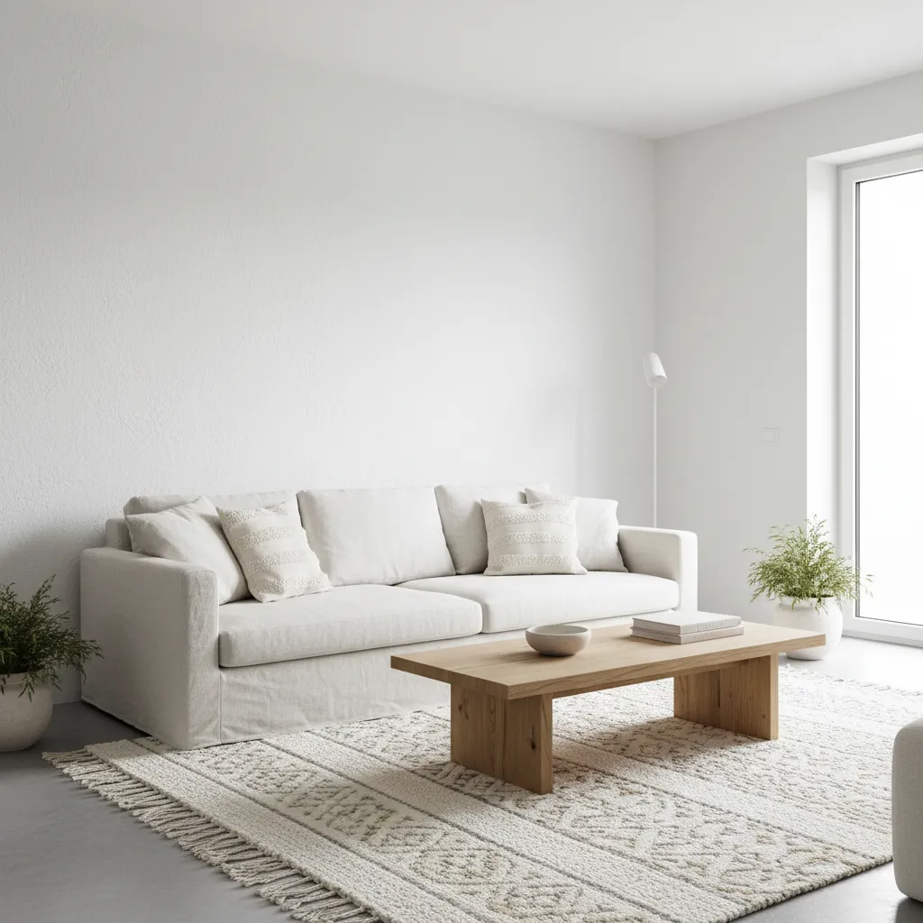 White minimalist living room featuring a comfortable sofa, wooden coffee table, textured rug, and potted plants