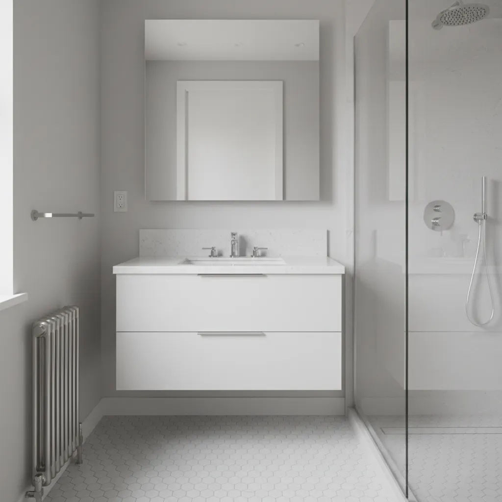 white mosaic tile floor in small bathroom adding texture and detail