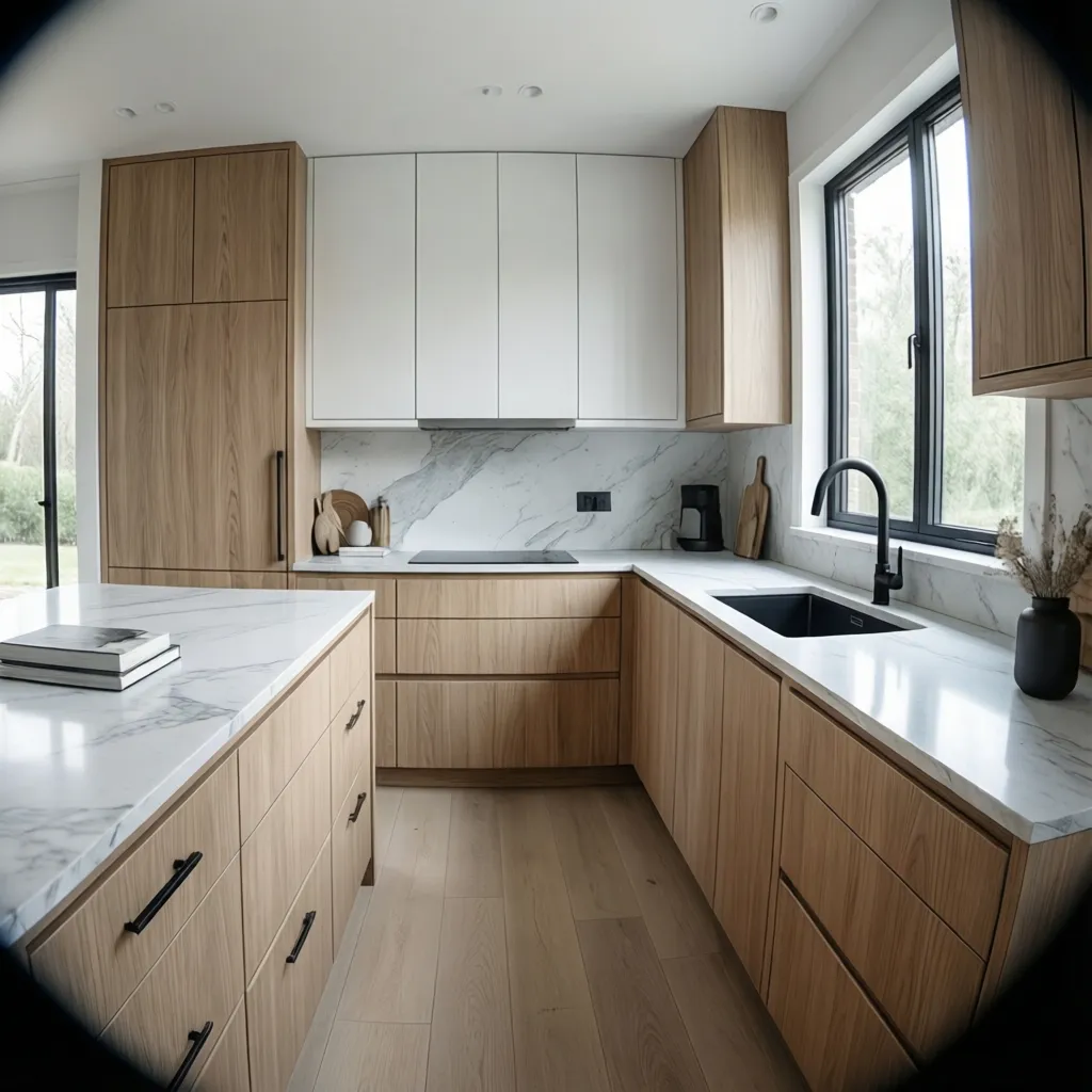 white oak cabinets paired with cool white quartz countertop